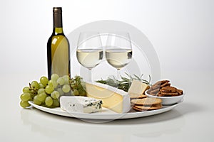 Gourmet Cheese Selection Plate with Fresh Grapes, White Wine Glasses, and Bottle on White Background