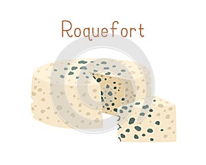 Gourmet cheese wheel of Roquefort with blue mold. Cut triangle piece of delicious moldy chees. Colored flat vector