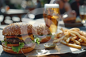Gourmet cheeseburgers with lagers and seasoned fries in a sunny outdoor setting