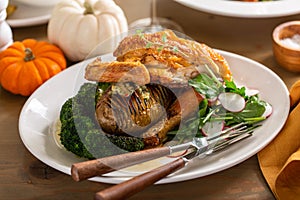 Gourmet chicken dinner with broccoli and potato