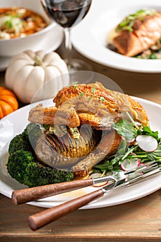 Gourmet chicken dinner with broccoli and potato