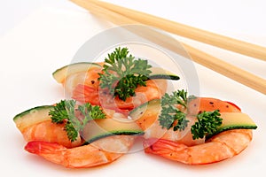 Gourmet chinese food - broiled king tiger prawns on white