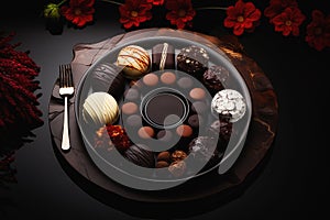 Gourmet chocolate assortment on elegant dinner plate