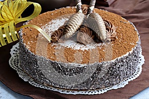 Gourmet chocolate cake with festive decorations