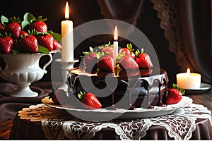 Gourmet Chocolate Cake Garnished with Fresh Strawberries: Strawberries Positioned on Top of Decadent Delight