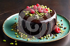 Gourmet Chocolate Cake with a Glossy Ganache Glaze: Top View Captured in Soft Ambient Light, Sprinkled Elegance