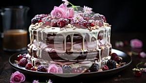 Gourmet chocolate cake with raspberry cream and decoration generated by AI