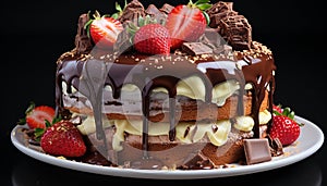 A gourmet chocolate cake slice with fresh strawberry and raspberry generated by AI