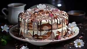 Gourmet chocolate cake slice on rustic wooden plate generated by AI