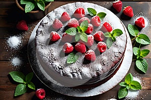 Gourmet Chocolate Cake: Top View Centered on a Rustic Wooden Table, Fine Dusting of Icing Sugar on Decadent Delight