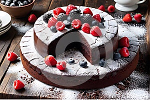 Gourmet Chocolate Cake: Top View Centerpiece on a Rustic Wooden Table, Fine Dusting of Powdered Sugar