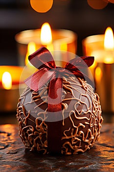 Gourmet chocolate on candlelit background, tied to a red gift box photo