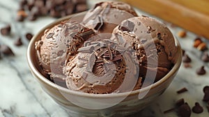 gourmet chocolate dessert, decadent chocolate ice cream with shavings in a bowl on marble countertop, a luxurious