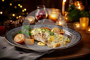 gourmet christmas plaice fillet served with roasted potatoes and lemon butter on a decorative plate