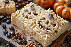 Gourmet Coffee Flavored Mille Feuille Pastry on Rustic Wooden Background with Seasonal Autumn Decor