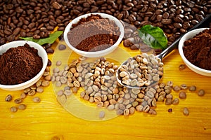 Gourmet coffee still life with beans and grounds