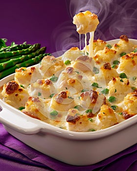 Gourmet Creamy Cauliflower Gratin Dish with Melted Cheese and Scallions Served with Asparagus Spears on Purple Background