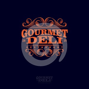 Gourmet And Deli Restaurant Logo. Lettering Composition and Curlicues Decorative Elements.