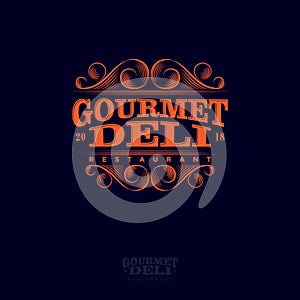 Gourmet And Deli Restaurant Logo. Lettering Composition and Curlicues Decorative Elements. photo