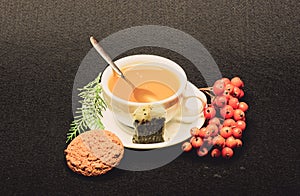 Gourmet delicious taste. Ceramic cup hot fresh brewed tea beverage. Health care folk remedies. Drink aromatic beverage