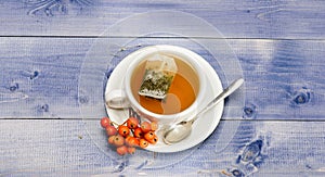 Gourmet delicious taste. Herbal tea. Ceramic cup hot fresh brewed tea beverage. Cafe menu. Health care folk remedies