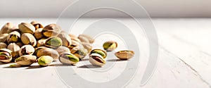 Gourmet Delight Pistachios on White Table in Warm Glow Close-up