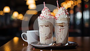 Gourmet dessert chocolate ice cream, whipped cream, coffee, milkshake generated by AI