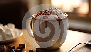 Gourmet dessert chocolate milk, coffee, whipped cream, marshmallow, elegance generated by AI