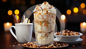 Gourmet dessert chocolate milkshake with whipped cream and caramel generated by AI