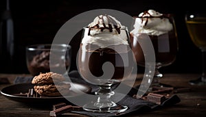 Gourmet dessert dark chocolate milkshake with whipped cream and cookie generated by AI