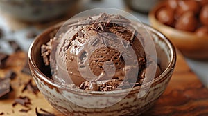 gourmet dessert option, decadent chocolate ice cream with shavings in a bowl on a marble countertop, a luxurious dessert