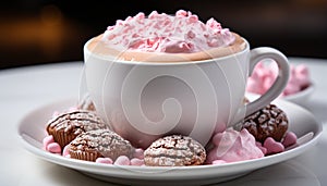 Gourmet dessert pink marshmallow, chocolate, coffee, whipped cream, indulgence generated by AI