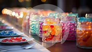 Gourmet dessert table with colorful candy and fruit generated by AI