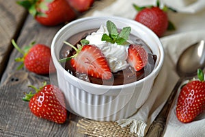 gourmet dessert treats, indulge in a scrumptious chocolate pudding with ripe strawberries and a dollop of whipped cream photo
