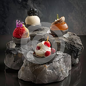 Gourmet Desserts Elegantly Presented on Natural Stone