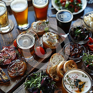 Gourmet dinner with craft brew pairings, featuring artisanal dishes and a selection of finely crafted beers photo