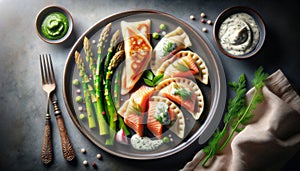 Gourmet Dinner Plate with Salmon, Dumplings, and Asparagus