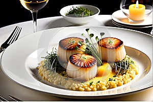 Gourmet Dinner Plated Elegantly on a White Porcelain Dish: Seared Scallops Nestling Atop a Bed of Saffron-infused Risotto