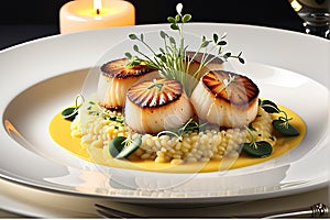 Gourmet Dinner Plated Elegantly on a White Porcelain Dish: Seared Scallops Nestling Atop a Bed of Saffron-infused Risotto