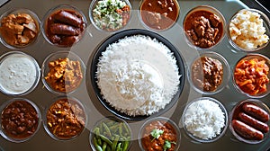 Gourmet Dish Arrangement Featuring White Rice and Curries ai generated