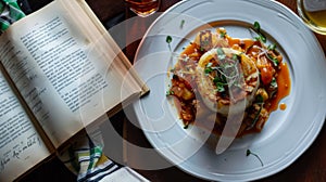 Gourmet Dish and Book on a Rustic Table