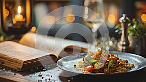 Gourmet Dish and Book on a Rustic Table