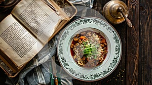 Gourmet Dish and Book on a Rustic Table