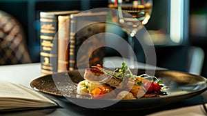 Gourmet Dish and Book on a Rustic Table