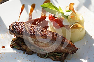 Gourmet dish duck foie gras with rhubarb chutney