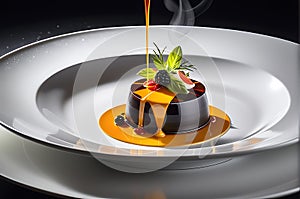 Gourmet Dish Expertly Plated at a Fine Dining Restaurant - Medium Rare Steak Fanned Out Beside a Quenelle photo