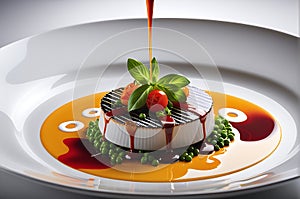 Gourmet Dish Expertly Plated at a Fine Dining Restaurant - Medium Rare Steak Fanned Out Beside a Quenelle photo
