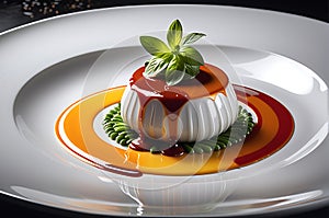 Gourmet Dish Expertly Plated at a Fine Dining Restaurant - Medium Rare Steak Fanned Out Beside a Quenelle photo