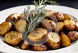 Gourmet dish featuring roasted potatoes with rosemary and sea salt. AI generated.