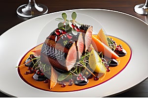 Gourmet Dish in a Fine Dining Restaurant - Expertly Plated on a Sleek, Glossy Black Dish Under Soft Illumination photo